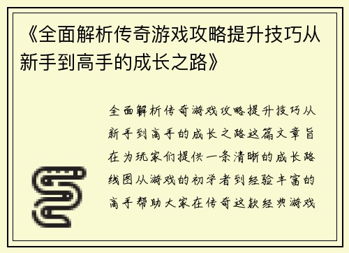 《全面解析传奇游戏攻略提升技巧从新手到高手的成长之路》